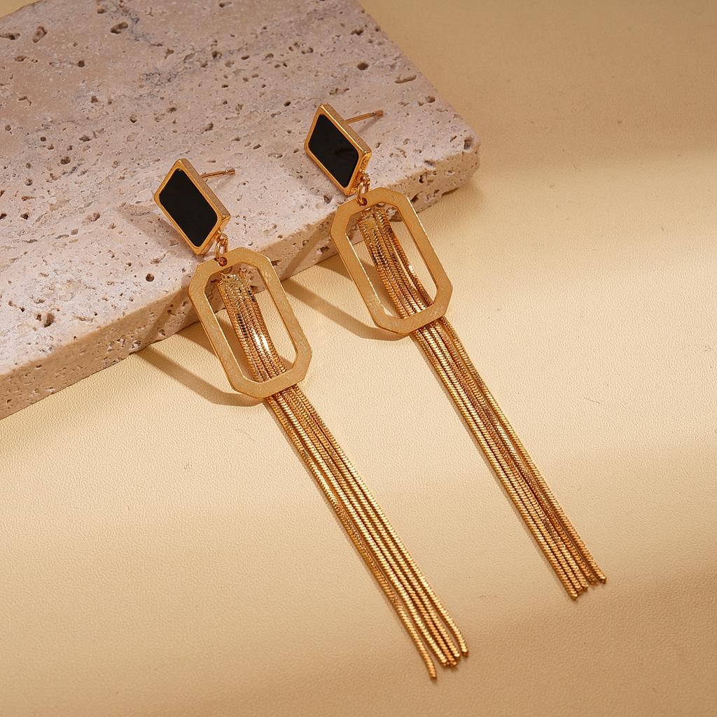 18K real gold electroplated rectangular tassel silver needle earrings ins earrings.