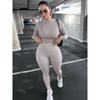 VEZFAA Women's Fashion Casual Spring Autumn Solid Color Print Long Sleeve O-Neck Trousers Pants Suits
