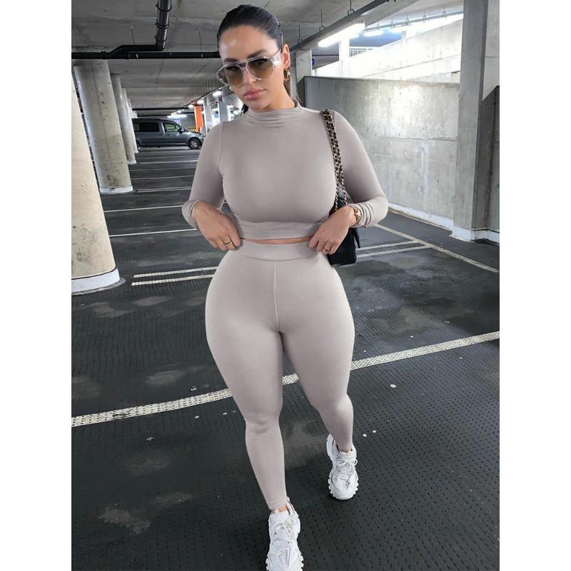 VEZFAA Women's Fashion Casual Spring Autumn Solid Color Print Long Sleeve O-Neck Trousers Pants Suits