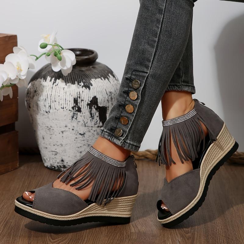 Women's Rhinestone-Embellished Wedge Sandals with Tassel Detail - Open-Toe Platform Heel, Faux Cover Upper & Sole, Thick Cushioned Sole