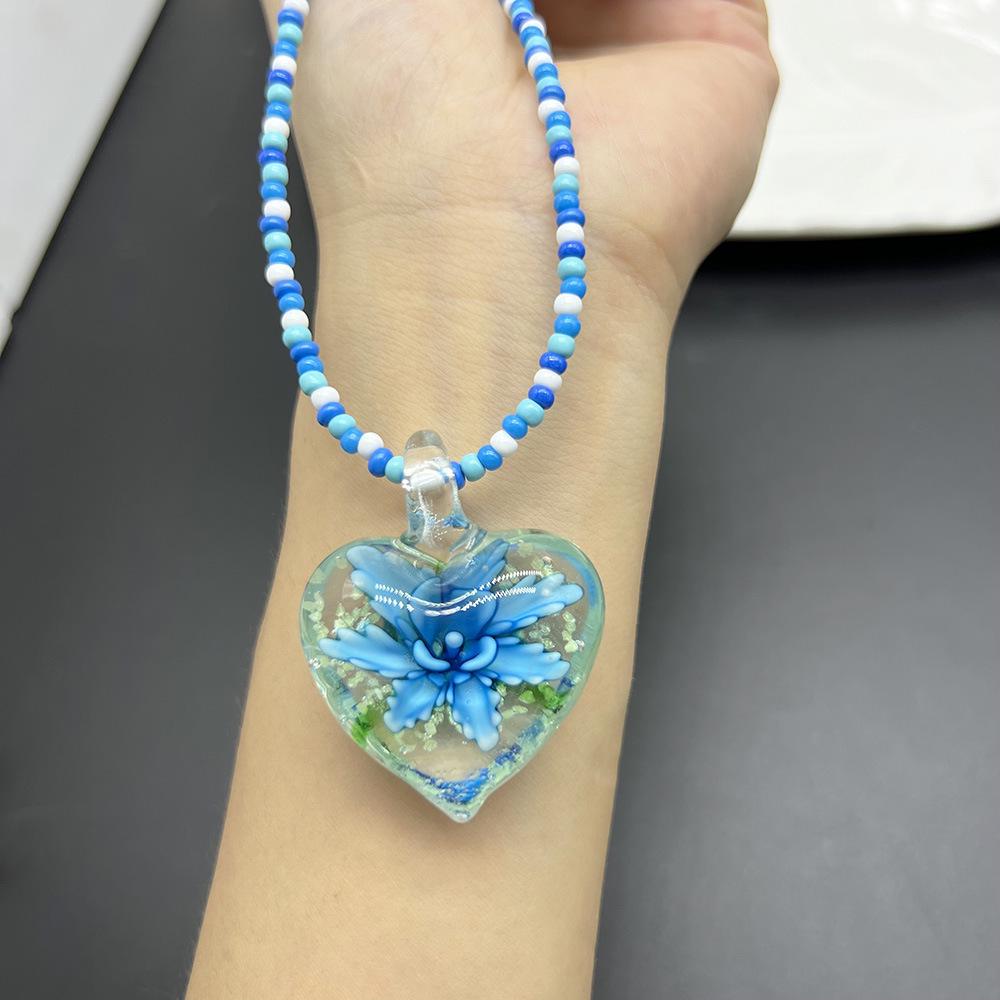 Blue Series Glass Rice Bead Necklace with Flower, Heart, and Starfish Pendants