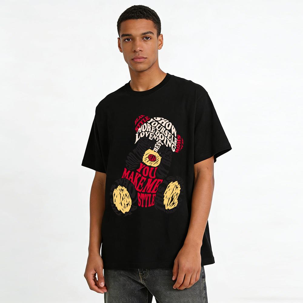 Cute Bear Letter Print Casual Tshirt Trendy Loose Breathable Daily Top For Men And Women Pure cotton T-shirt