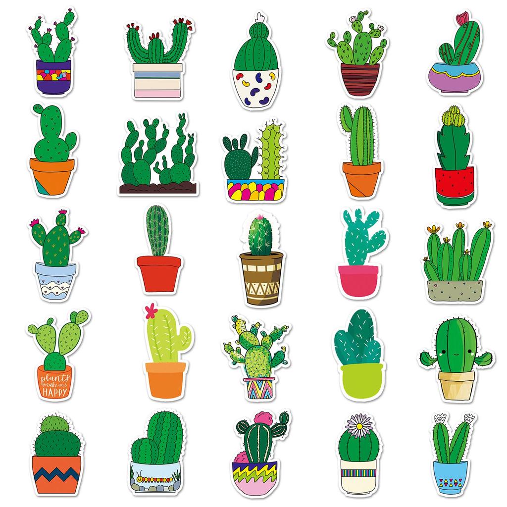 50 Cactus Cartoon Stickers for Luggage, Scooter, Tablet, and Car