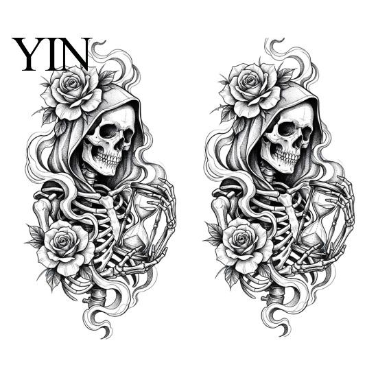 Autocolant de sticlă personalizabil Schelet și Trandafir Halloween Static Window Clings, Craniu Schiță Detașabil și Film Ușor de instalat Autocolant Floare, PVC Impermeabil