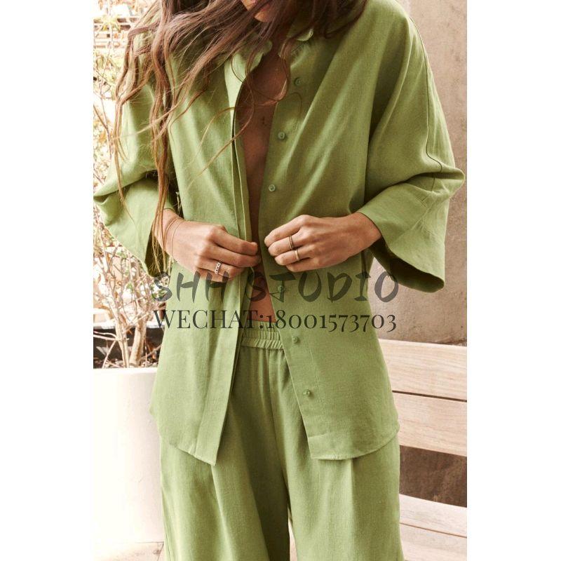 Spring New Casual Polo Collar Long Sleeves Linen Blended Loose Shirt 2157045 Wide Leg Pants 3108709