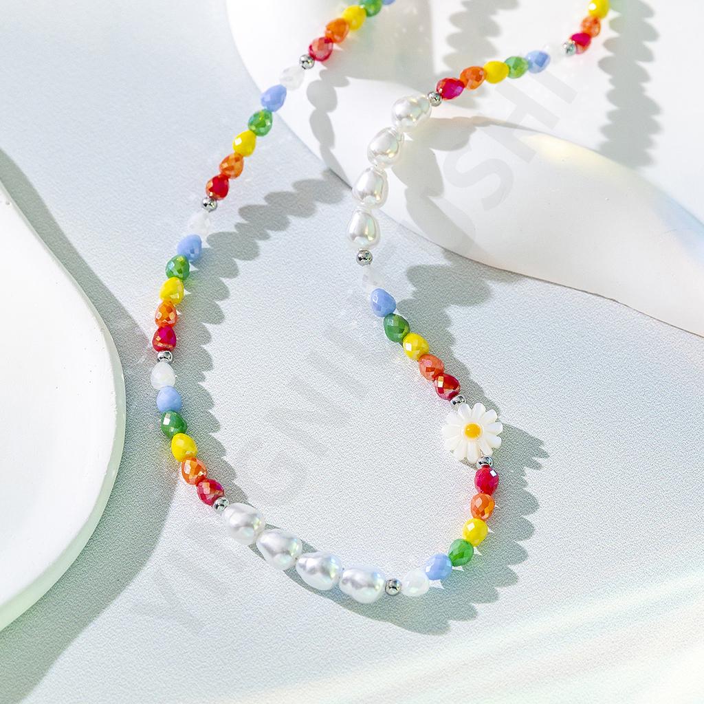 Rainbow Little Daisies Pearl Beaded Necklace Short Ladies Collarbone Chain Sweet Cute Girly Style Necklace
