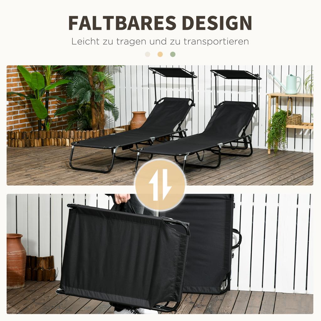 Set of Two Folding Sun Loungers. with Adjustable Backs and Sun Canopies - Black