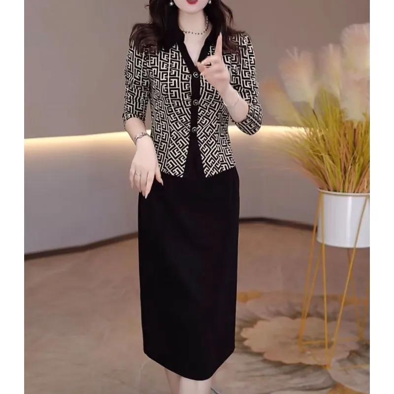Damen Herbst Elegant V-Ausschnitt Kleider Druck Knopf Patchwork Reißverschluss Temperament Kleider