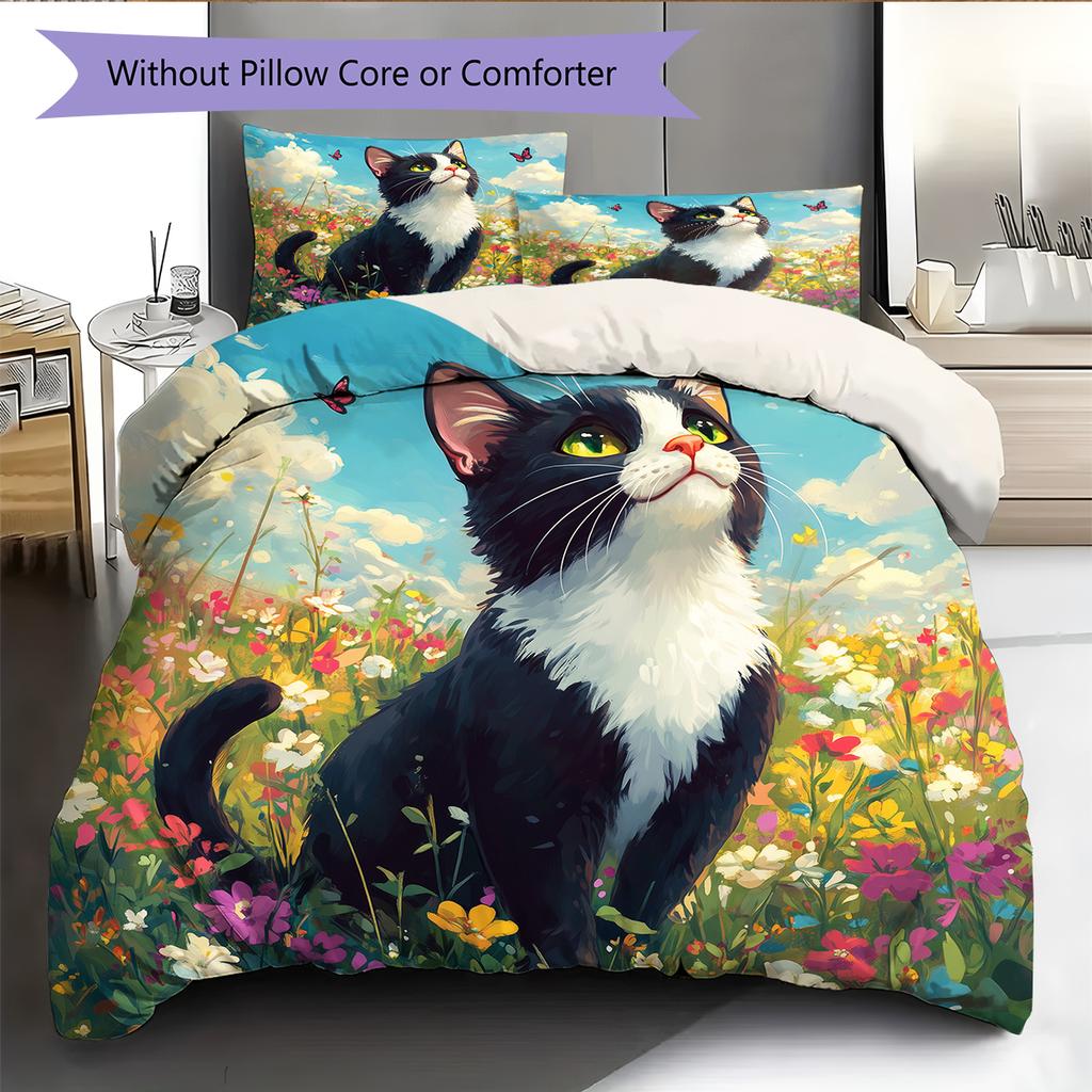 Beautiful Cow Cat Pattern Bedding Home Decoration Birthday Gift (1 * duvet cover + 2 * pillowcase, without core)