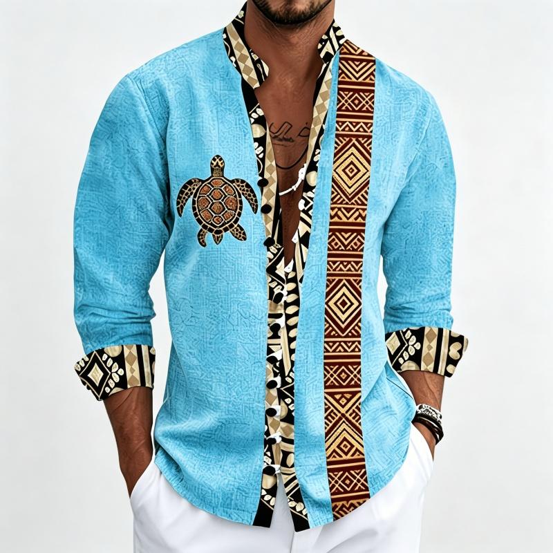 Men's Standing Collar Long Sleeved Shirt with Turtle Ethnic Geometric Pattern Printed Breathable Outdoor Casual Men's Top