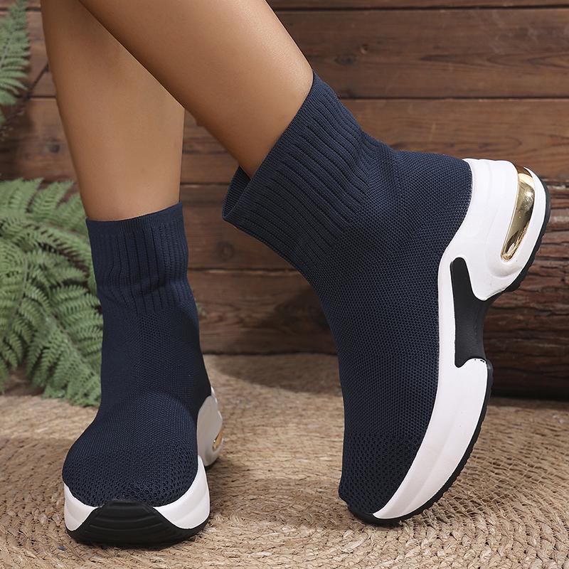 Moda 2025 Botins de Malha de Cano Alto com Sola Grossa Mulheres Confortáveis Respiráveis Plataforma Meias Sapatos Mulher Tamanho Grande Cunhas Botins Curtos Mujer