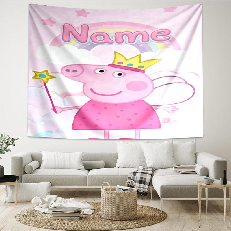 Custom Name Peppa Pig Print Tapestry, Backdrop, Easy Setup, Ideal for Bedroom, Office & Living Room, with Aesthetic Wall Hanging Decor.