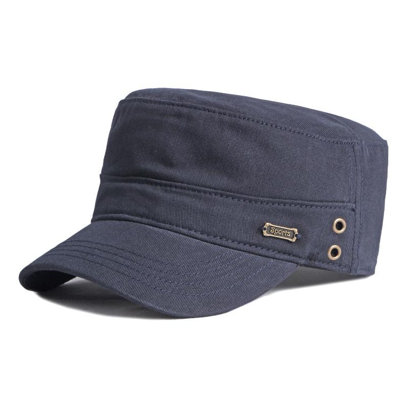 [Casual Military Hats For Men Cotton Flat Top Army Caps Women Solid Color Black Sun Hat Metal Tag Visor Curved Brim Adjustable