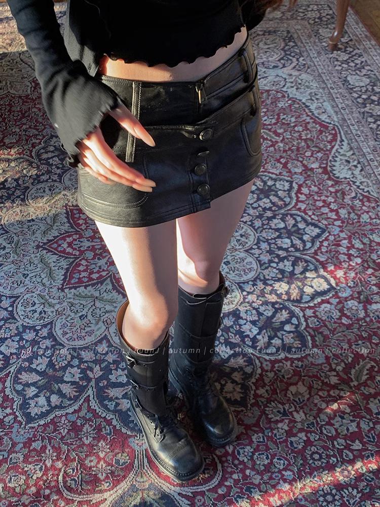 Sexy Black Pu Leather Short Skirt Women's Autumn Winter Tight Gothic Low Waist Skirt Street Fashion Y2K Hot Girl Outfit