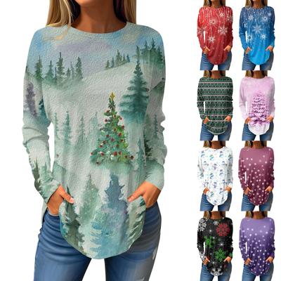 Tee Shirts For Women Fall Casual Long Sleeve Shirts Sweatshirt Vintage Graphic Printing Top Pullover Christmas