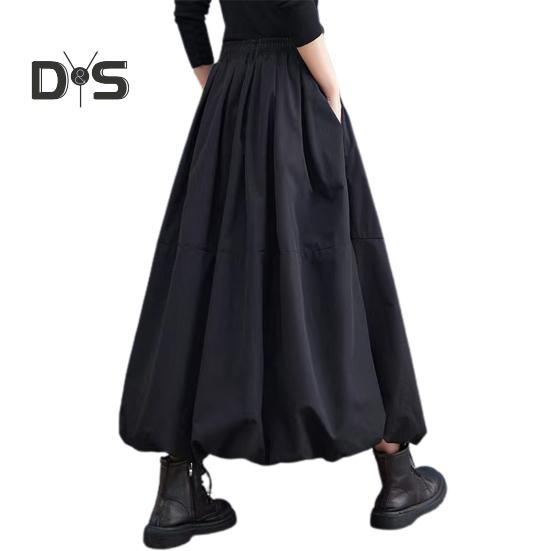 Women Maxi Skirt High Waist A Line Long Skirt Solid Color Pockets Design Female Thick Warm Elastic A Line Puff Skirt