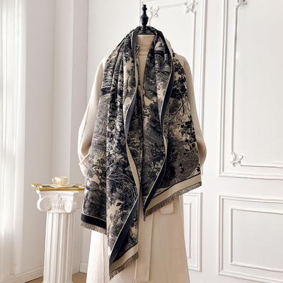 Elegant Retro Style Women's Double-Sided Landscape Print Cashmere Scarf Winter Warm Pashmina Shawl Foulard Poncho