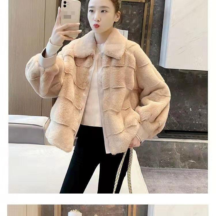 Autumn and Winter Imitation Fur Coat Female Danish Mink Cotton Thickened Coat Lapel Lantern Sleeve Thermal Top Looks Thin