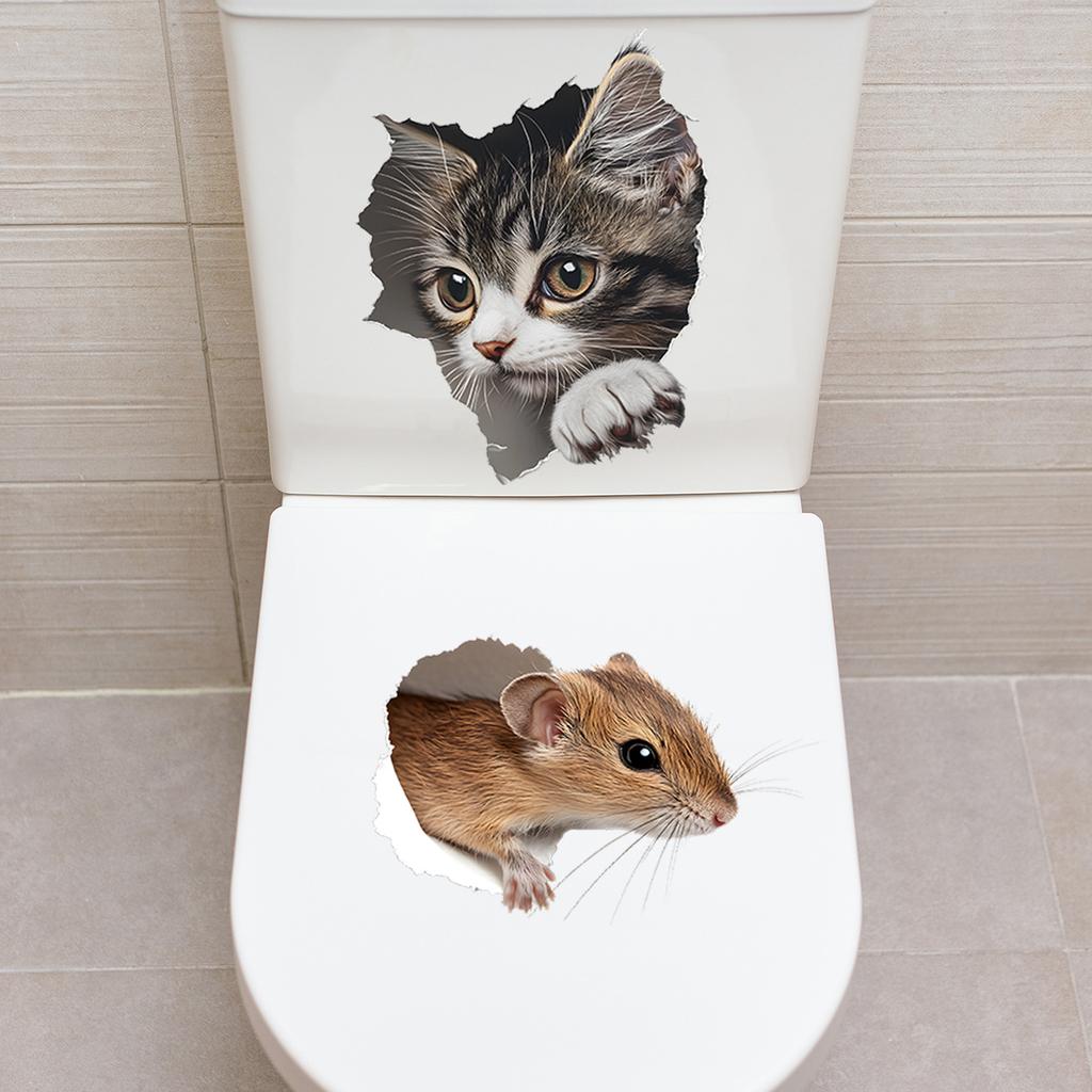 Playful Cat and Mouse Toilet Stickers, Waterproof Removable Self-Adhesive for Bathroom Decor
