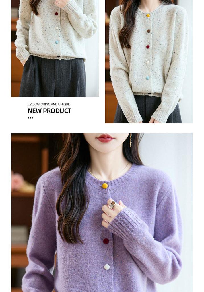 Women's 100% Wool Cardigan Sweater - Round Neck, Colorful Buttons, Loose Fit, Long Sleeve, Casual Autumn/Winter Fashion Outerwear