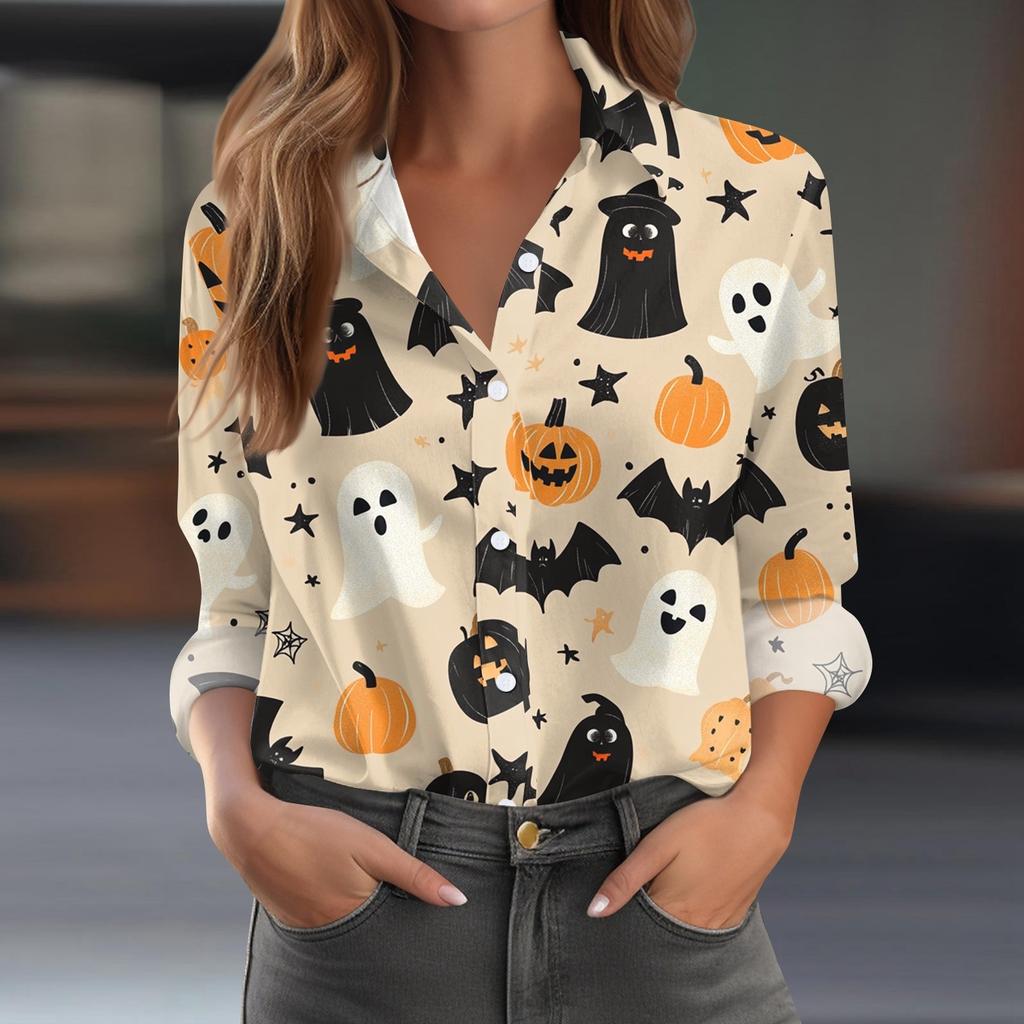Damen Hemd Bluse Halloween Print Knopf Langarm Lässig Basic Hemdkragen Regulär Top