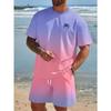 New Gradient Color T-shirt Shorts 2-pcs Set Short Sleeve T-shirts Elastic Waist Shorts Set Pocket Hawaiian Men's Beach Swimsuit