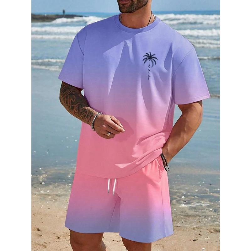 New Gradient Color T-shirt Shorts 2-pcs Set Short Sleeve T-shirts Elastic Waist Shorts Set Pocket Hawaiian Men's Beach Swimsuit