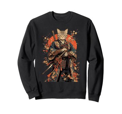 Japanese Art Cat Ninja Anime Style Samurai Cat Sweatshirt Ukiyo-e