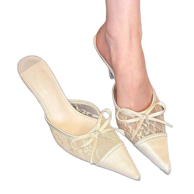 Cold and Gentle Feeling! Lace Pointed Head Bow High Heels Women's 2025 Spring New Sexy Bag Head Half Slippers