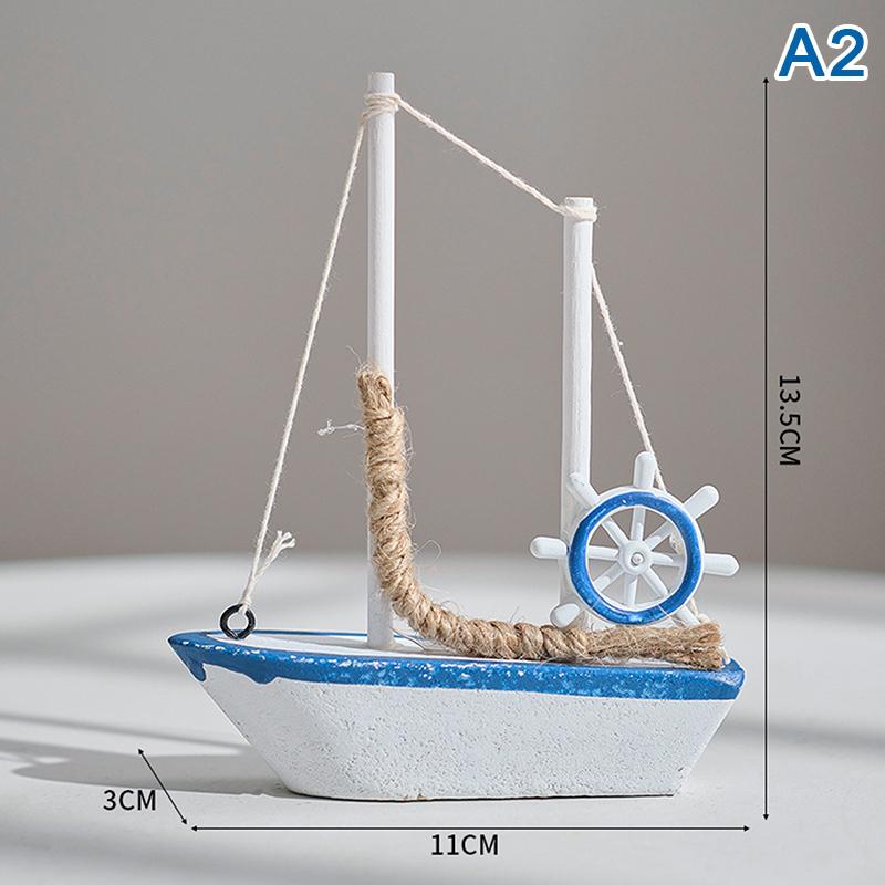 Mini Mediterranean Style Marine Nautical Wooden Blue Sailing Boat Ship Wood Crafts Sea Ornaments Party Room Home Decoration