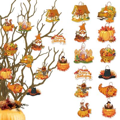 12Pcs Hanging Ornaments Thanksgiving Fall Tree Decorations Paper Hanging Signs And Pendant With Ropes Decor
