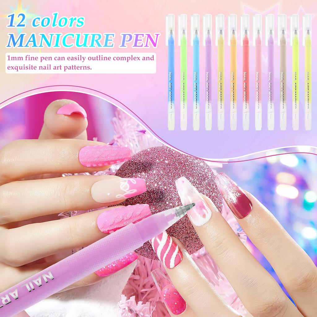 12Pcs Nail Art Pens Set 12 Colours 1MM/0.04inch Nail Art Markers Safe Manicure Markers for Graffiti Dotting Liner and Painting