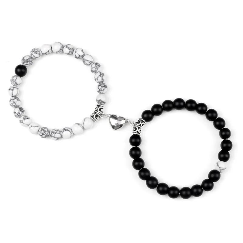 Hot Sale 2Pcs/Set Beads Bracelet For Lovers Natural Stone Distance Heart Magnet Couple Bracelets Friendship Fashion Jewelry Gift