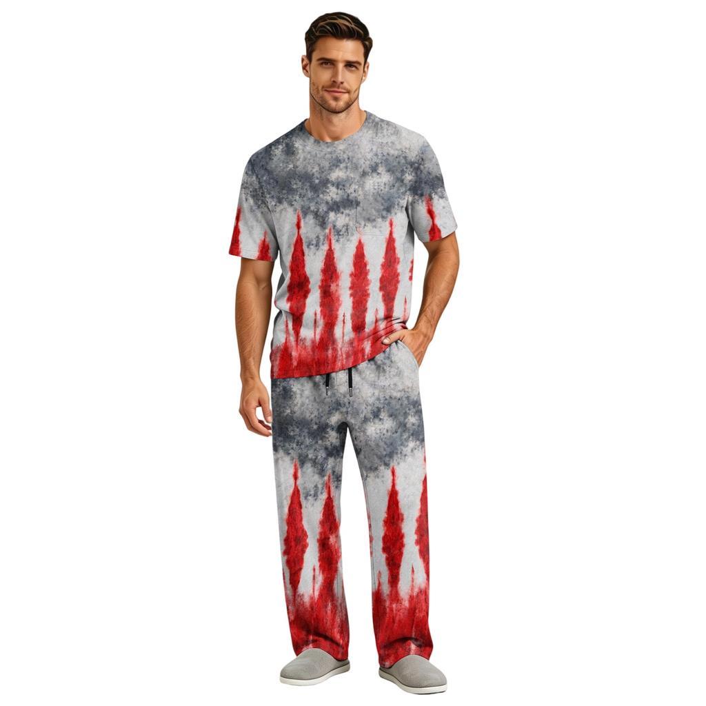 Men's Home Pajama Set, Short Sleeve Top and Long Pants with Button Fly and Drawstring Waist