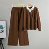 New Autumn and Winter Fake Two-piece Set: Women's Lapel Patchwork Color-blocking Sweater, Stylish and Youthful Wide-leg Pants