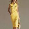 European and American elegant temperament contrasting color zipper stand-up collar medium and long dress women's summer slim A word