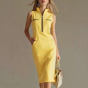 European and American elegant temperament contrasting color zipper stand-up collar medium and long dress women's summer slim A word