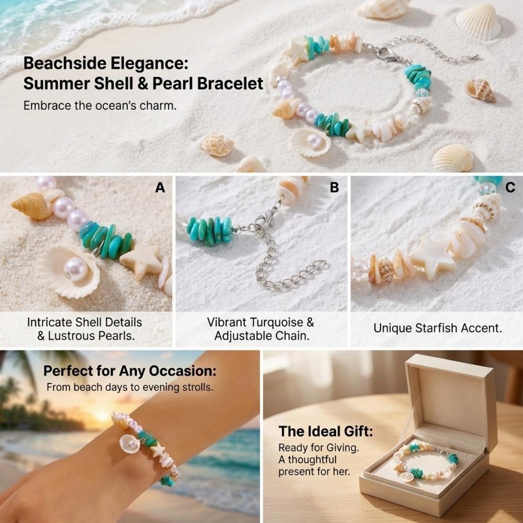 Shell Crushed Stone Imitation Pearl Star Conch Bracelets For Women Men Boho Starfish Bangle Ocean Beach Vacation Summer Jewelry