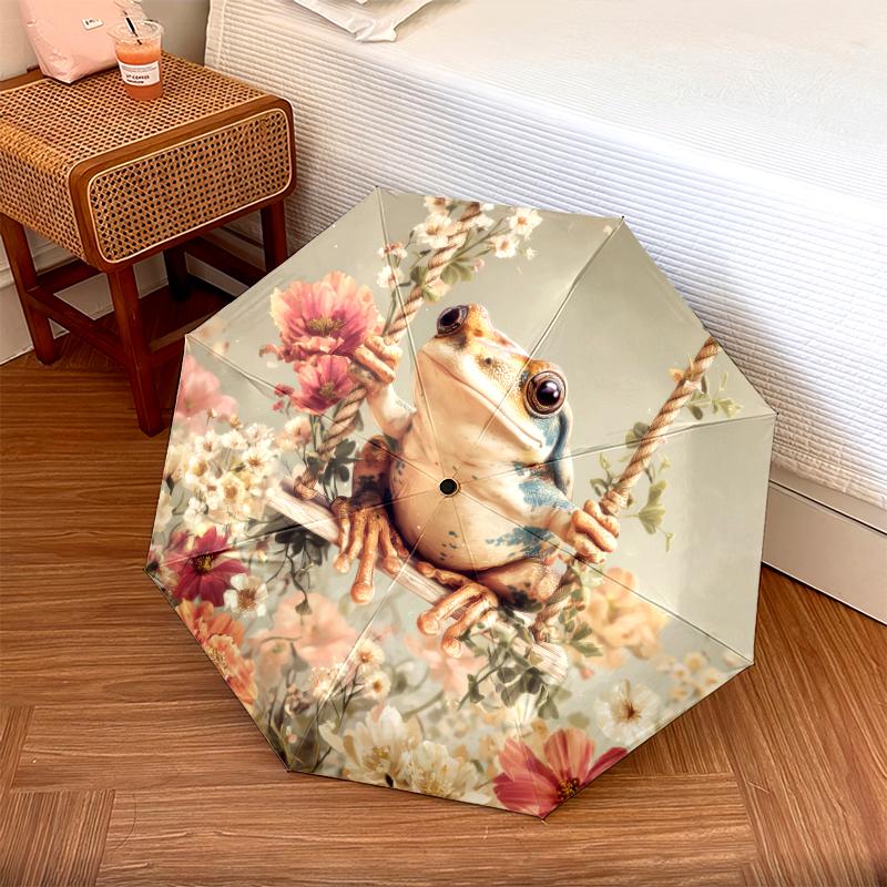 Frog and Flowers pattern, automatic folding umbrella, portable and foldable design, 8 ribs, a Christmas or birthday gift.
