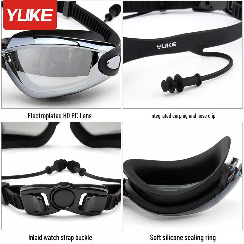 Adult HD Waterproof Anti-Fog Prescription Swimming Goggles Set with Large Frame, Swim Cap, Bag, and UV Protection