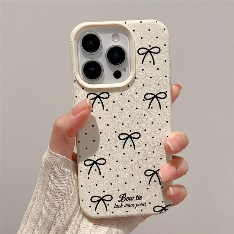 Sweet Bow for IPhone16promax for Apple 15 Leather Texture Large Hole Phone Case 14/13 Anti-fall 12