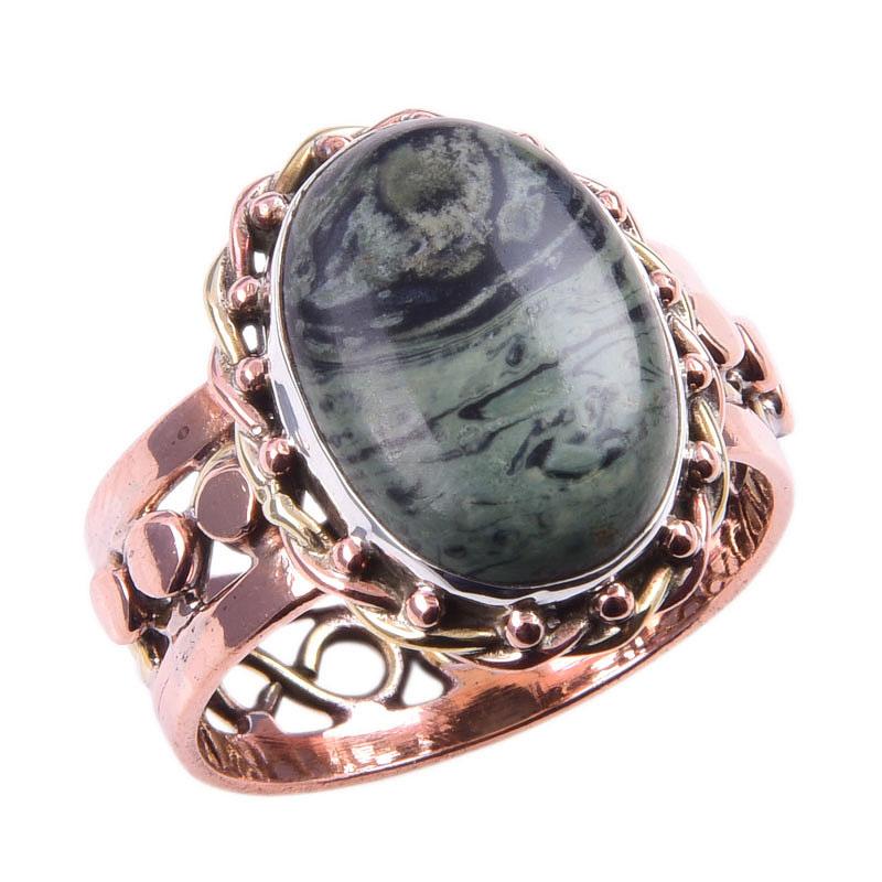 Natural Green Pietersite Gemstone 925 Sterling Silver Two Tone Ring Size 10 I8s15