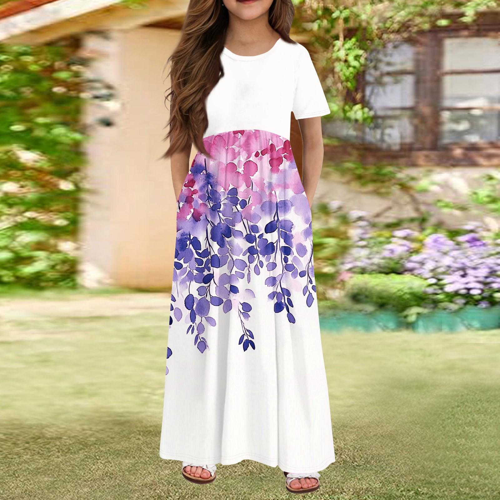 

Длинное летнее платье для девочек - платье макси с короткими рукавами и карманами для детей 4-14 лет 160