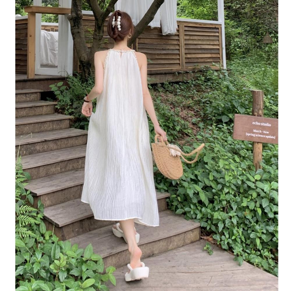 Temperament Neckholder-Slipkleid Damen Neu Sommer Lässig Locker Resort A-Linie Langer Rock
