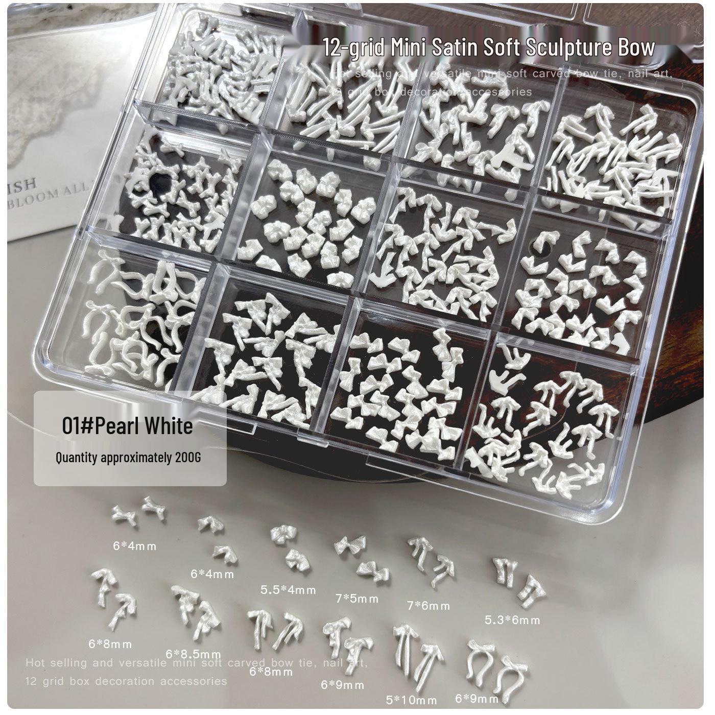 12-Piece Soft Sculpted Bow Nail Art Set - Pearlescent French Bow Tie with Rhinestones in White, Pink, Blue