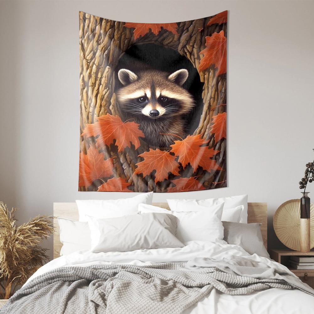 Autumn Raccoon Wall Hanging  Cute Animal Theme Wall Decor Tapestry