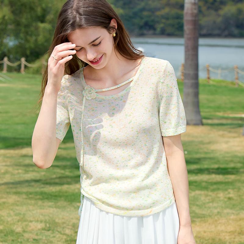 Betu Women's 3D Floral Drawstring Knit Short Sleeve Top