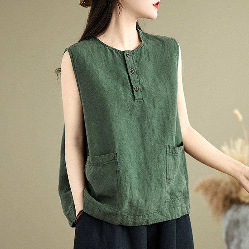 Women Vintage Cotton Linen Sleeveless Vest Button Design Loose Fit All Match Art Style Summer New Casual Tank Top