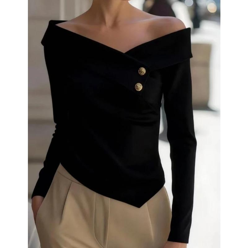 Nova Camisa Elegante de Cor Sólida com Ombro a Mostra/Um Ombro de Manga Comprida para Mulheres - Estilo Primavera