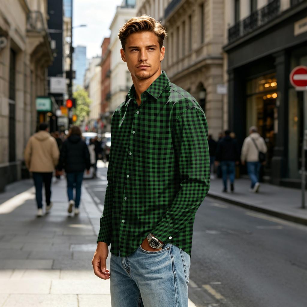Men's Long Sleeve Plaid Shirt with Collar for Casual Daily Wear
